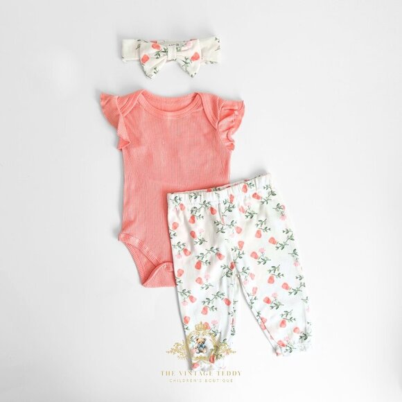 Other - NWT Cute Girls 3 Piece Set Baby Onesie Pants Headband Floral Coral & Sage 3-6M